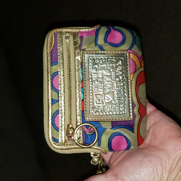 Coach Poppy Multicolor Optic C Satin Zippy Metallic Gold Wallet Wristlet - Picture 10 of 11